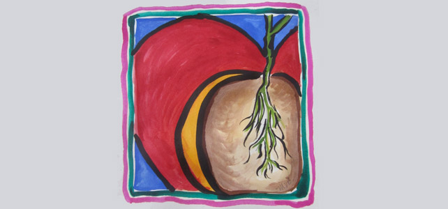 Painting of heart with a green plant sinking its roots into the center