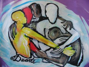 modern painting circle of five people in an embrace