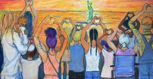 tPainting by Gaye Reissland of diverse group of poeple with hands held high forming a heart shape with their fingers while approaching the Statue of Liberty.