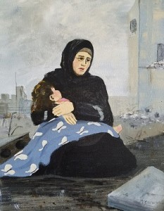 Painting of a refugee woman holding a small child