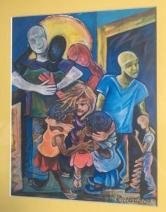 Colorful abstract painting of people of all ages and races embracing