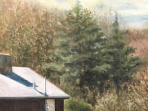 Detail of oil painting of cabin in an Autumn woods, by Marvin Triguba, 1986