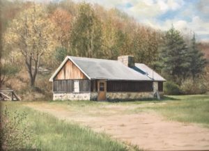 Oil painting of wood and stone cabin in clearing in Autumn woods by Marvin Triguba, 1986