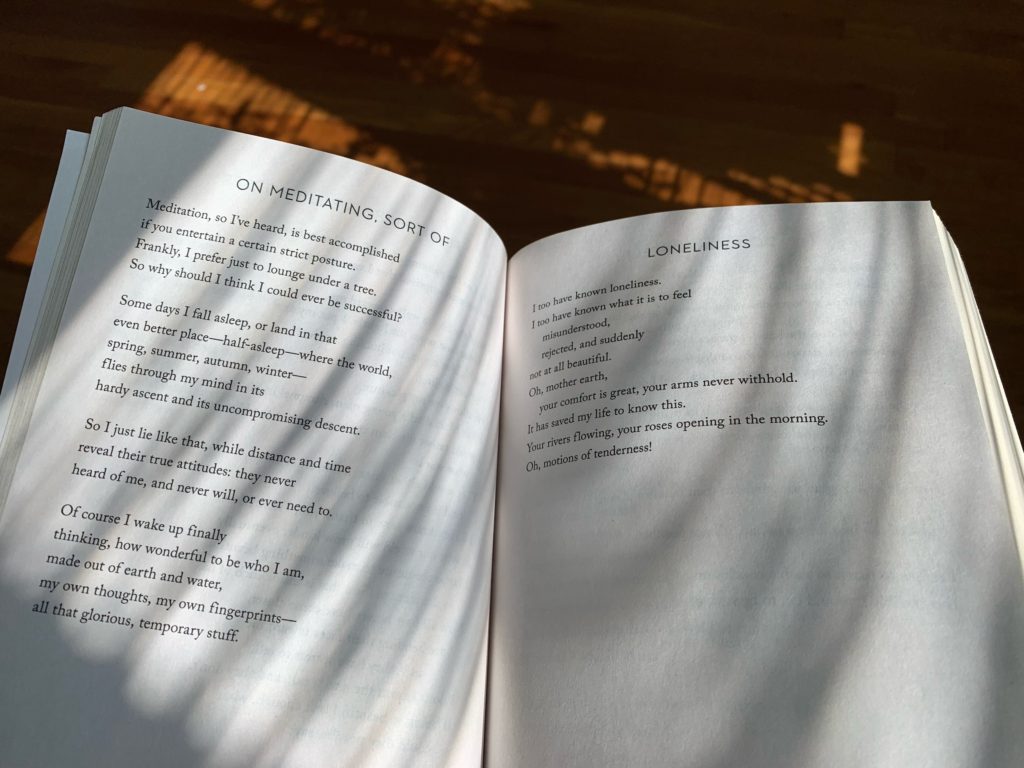 Book of Mary Olive poetry, "Devotions," open to page showing poem "On Meditating, Sort Of."