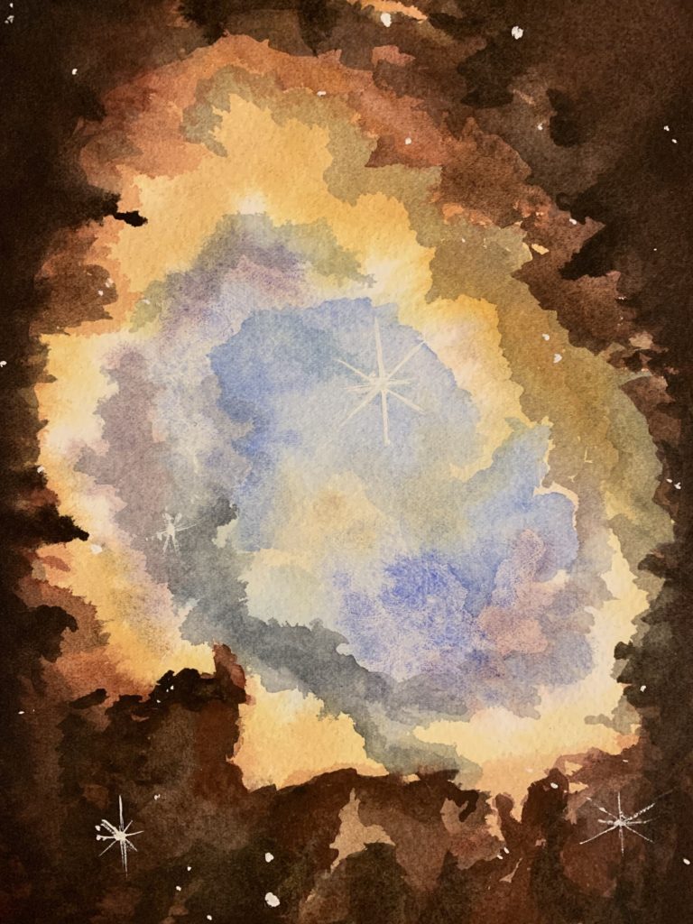 Watercolor by Mary van Balen of NASA Webb image Southern Rim Nebula